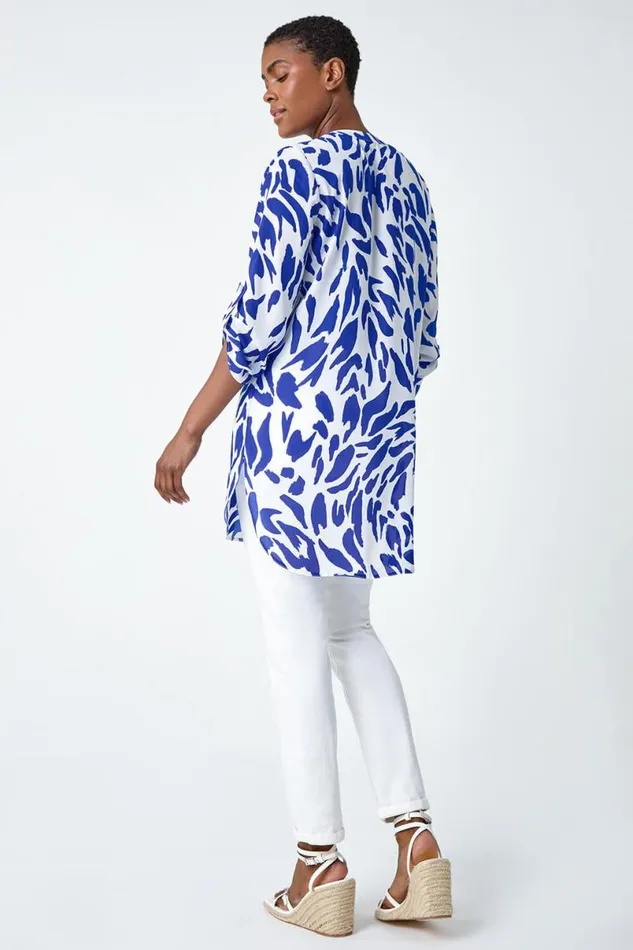 Royal Blue Abstract VNeck Longline Button Detail Top Women Roman Tops