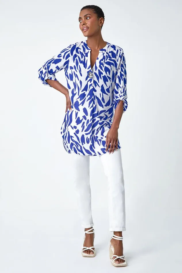 Royal Blue Abstract VNeck Longline Button Detail Top Women Roman Tops