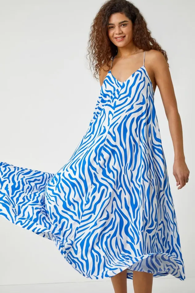 Royal Blue Animal Print Halter Neck Maxi Dress Women Roman Dresses