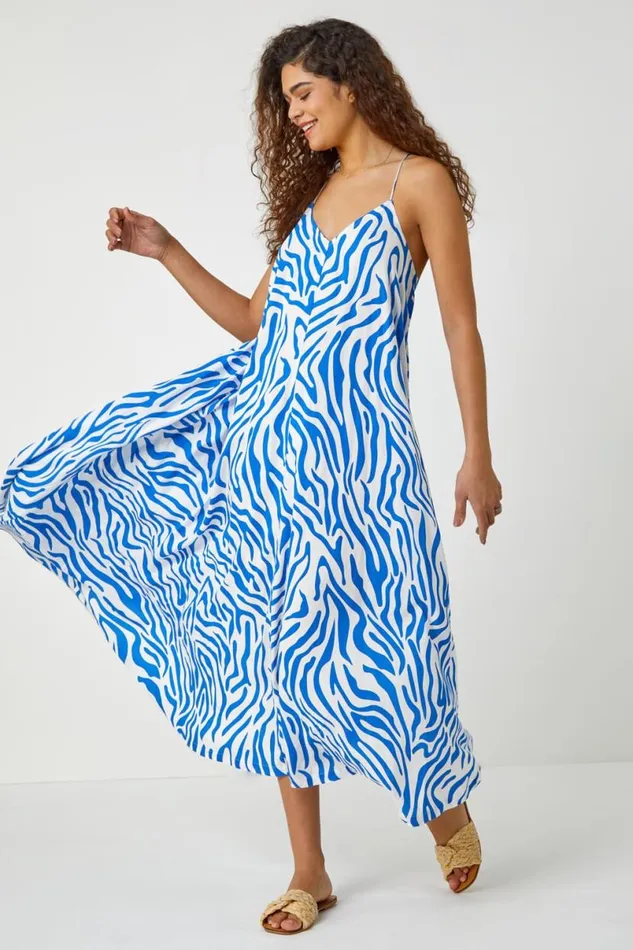 Royal Blue Animal Print Halter Neck Maxi Dress Women Roman Dresses