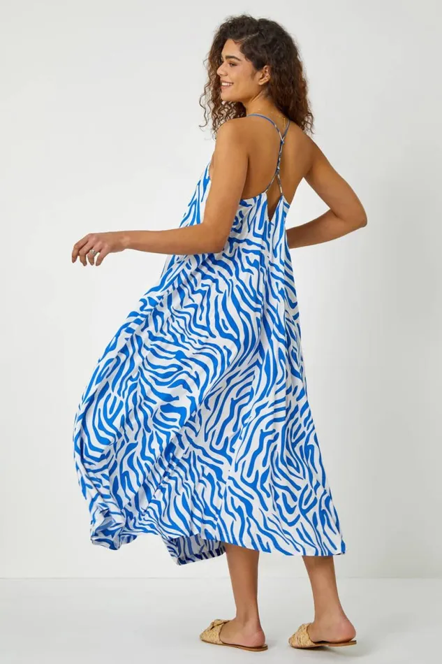 Royal Blue Animal Print Halter Neck Maxi Dress Women Roman Dresses