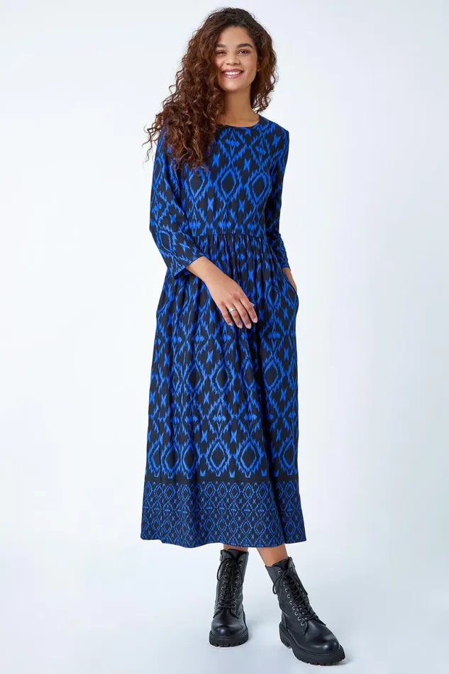 Royal Blue Aztec Border Print Stretch Midi Dress Women Roman Dresses