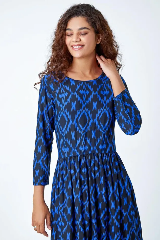 Royal Blue Aztec Border Print Stretch Midi Dress Women Roman Dresses
