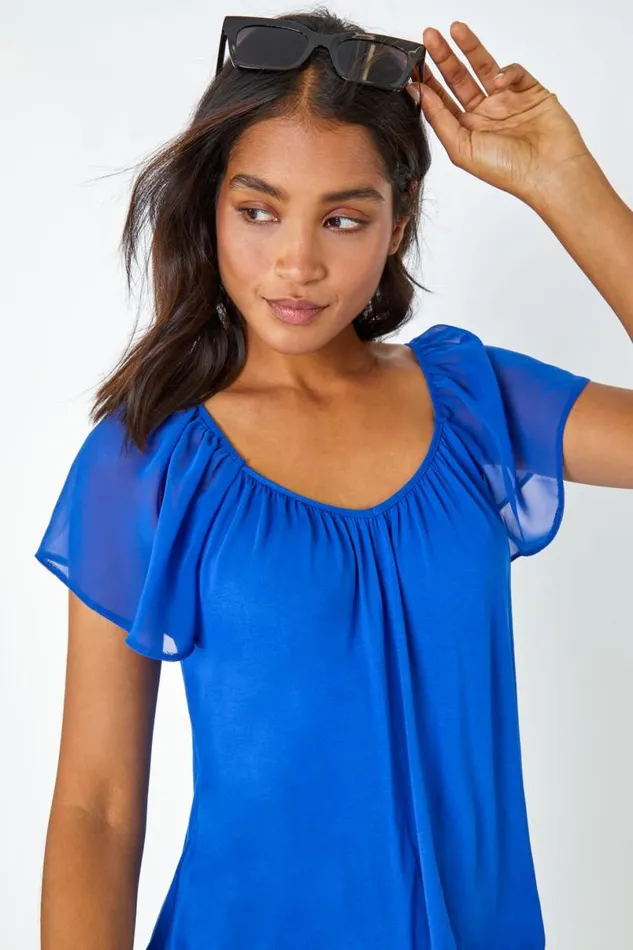 Royal Blue Chiffon Sleeve VNeck Stretch Jersey Top Women Roman Tops