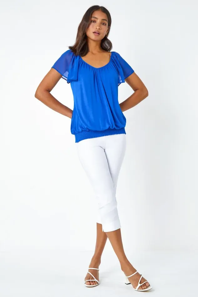 Royal Blue Chiffon Sleeve VNeck Stretch Jersey Top Women Roman Tops