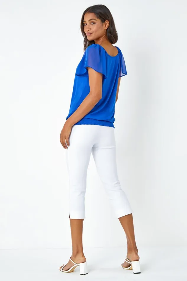 Royal Blue Chiffon Sleeve VNeck Stretch Jersey Top Women Roman Tops