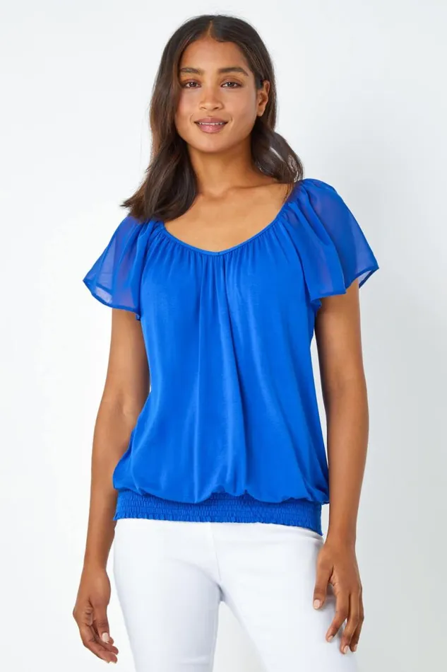 Royal Blue Chiffon Sleeve VNeck Stretch Jersey Top Women Roman Tops