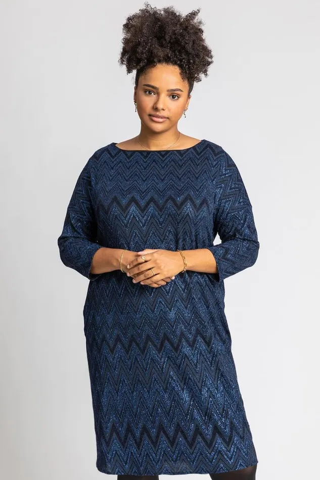Royal Blue Curve Zig Zag Print Shift Dress Women Roman Dresses
