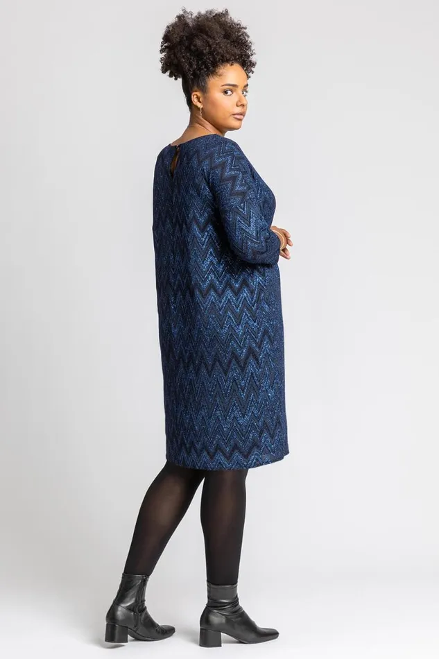 Royal Blue Curve Zig Zag Print Shift Dress Women Roman Dresses