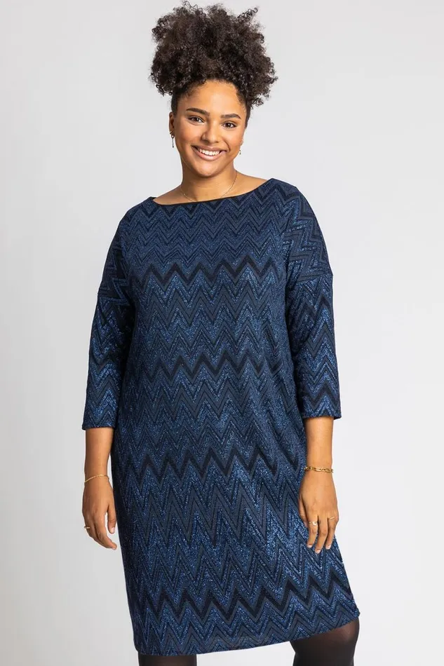 Royal Blue Curve Zig Zag Print Shift Dress Women Roman Dresses