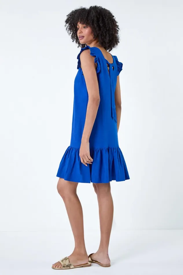 Royal Blue Linen Blend Frill Detail Dress Women Roman Dresses