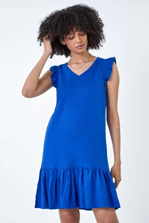 Royal Blue Linen Blend Frill Detail Dress Women Roman Dresses