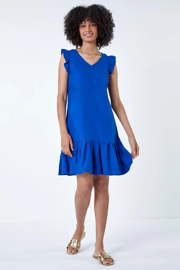 Royal Blue Linen Blend Frill Detail Dress Women Roman Dresses