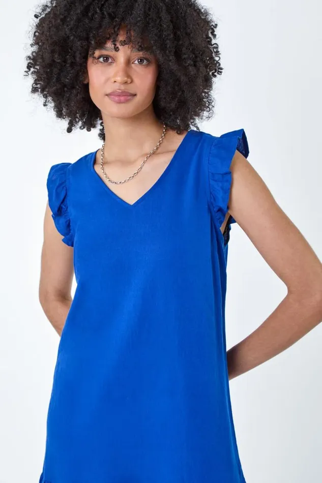 Royal Blue Linen Blend Frill Detail Dress Women Roman Dresses