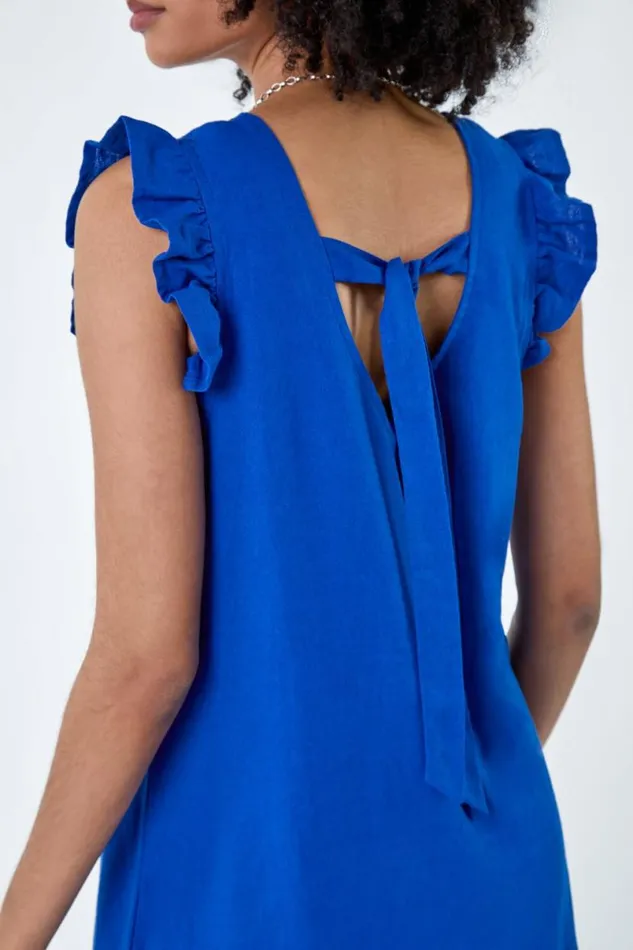 Royal Blue Linen Blend Frill Detail Dress Women Roman Dresses