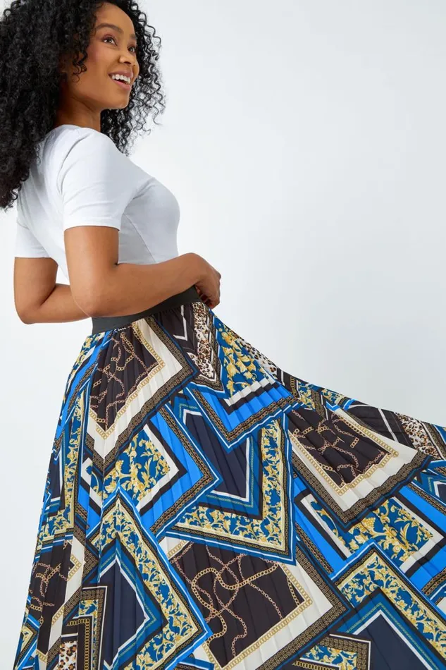 Royal Blue Petite Abstract Animal Pleated Maxi Skirt Women Roman Skirts