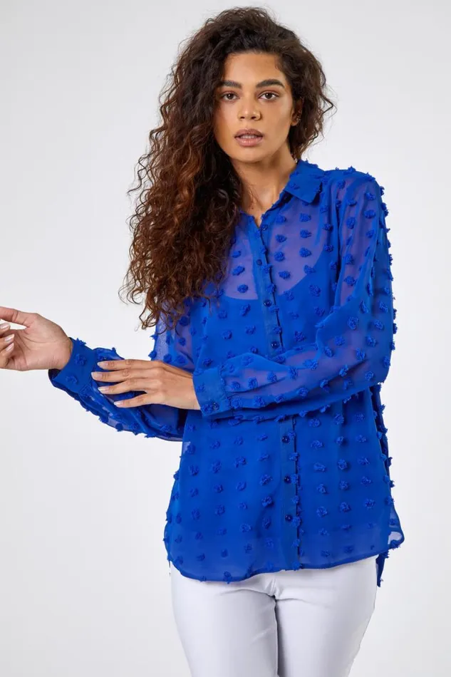 Royal Blue Textured Spot Button Up Blouse Women Roman Tops