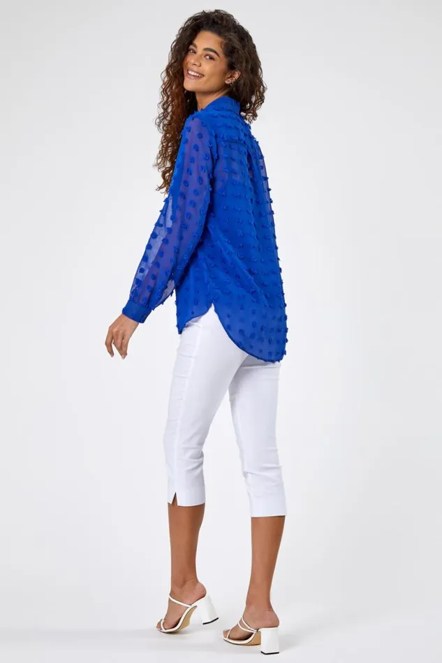 Royal Blue Textured Spot Button Up Blouse Women Roman Tops