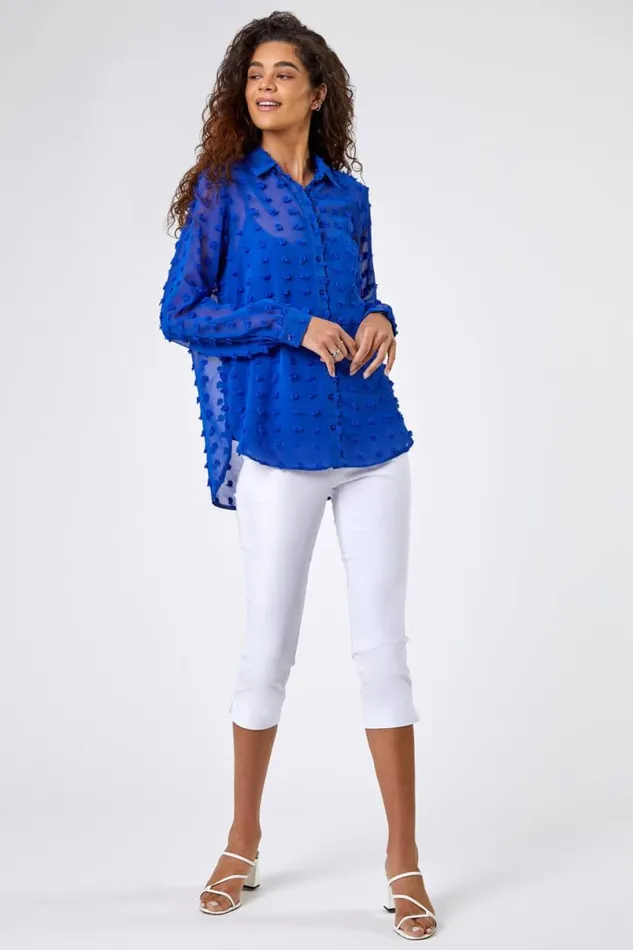 Royal Blue Textured Spot Button Up Blouse Women Roman Tops