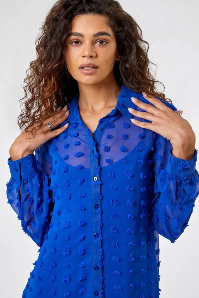 Royal Blue Textured Spot Button Up Blouse Women Roman Tops