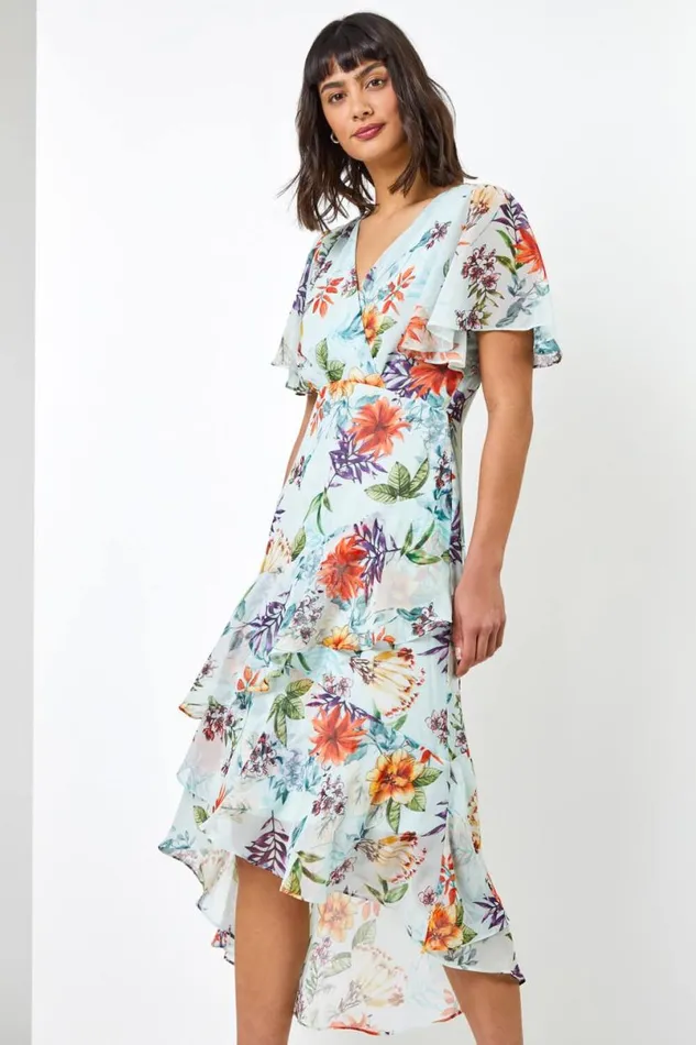 Sage Floral Chiffon Frill Tiered Midi Dress Women Roman Dresses