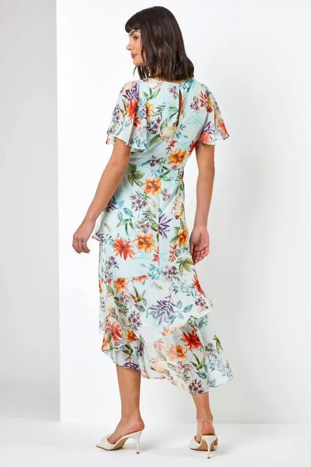 Sage Floral Chiffon Frill Tiered Midi Dress Women Roman Dresses
