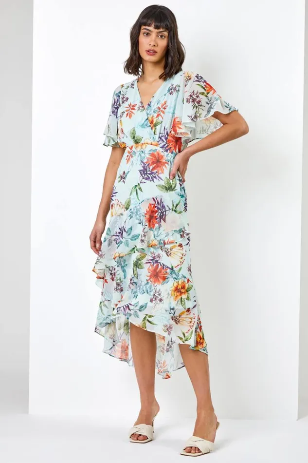 Sage Floral Chiffon Frill Tiered Midi Dress Women Roman Dresses