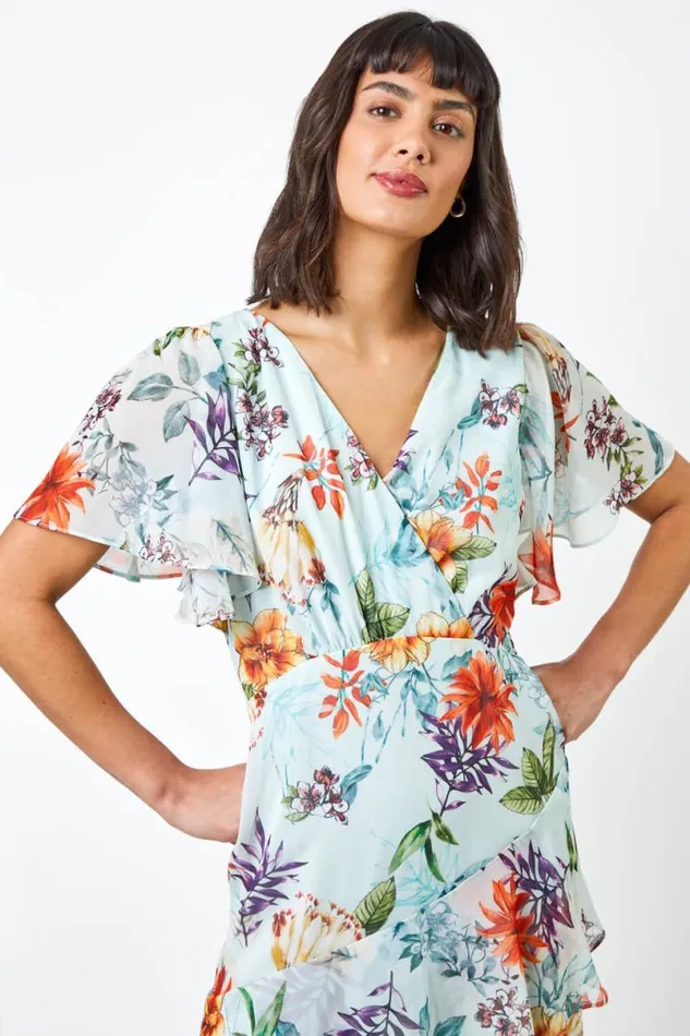 Sage Floral Chiffon Frill Tiered Midi Dress Women Roman Dresses