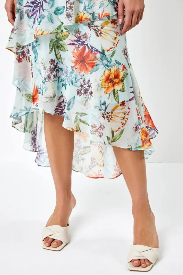 Sage Floral Chiffon Frill Tiered Midi Dress Women Roman Dresses