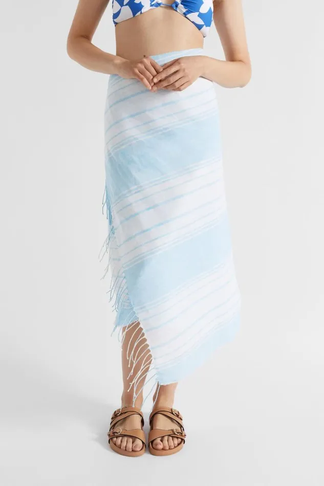 Scarves and Kaftans Woman Seed Heritage Linen Stripe Wrap Shimmer Blue