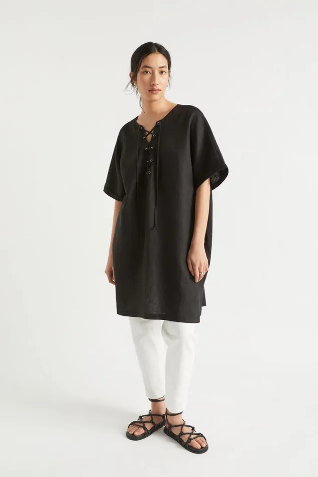 Scarves and Kaftans Woman Seed Heritage Linen Tie Up Kaftan Black