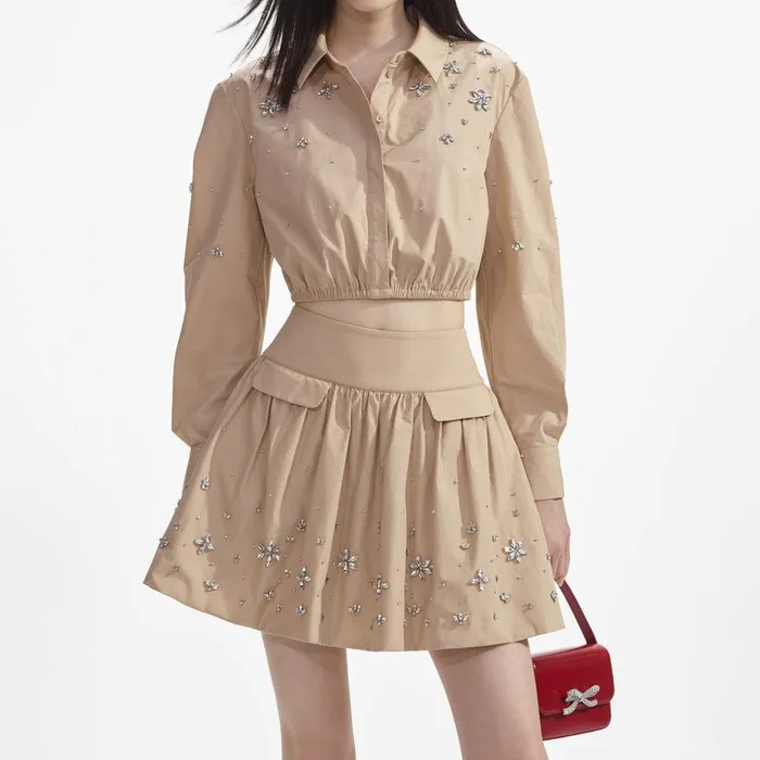 Self Portrait Bottoms Beige Cotton Embellished Mini Skirt 8211 Women