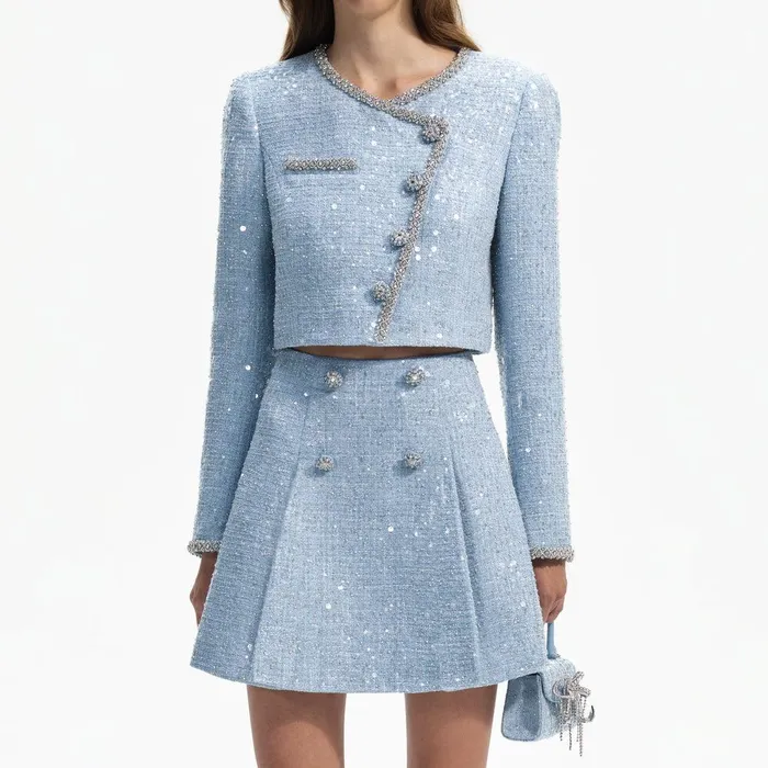 Self Portrait Bottoms Blue Sequin Boucle Mini Skirt 8211 Women