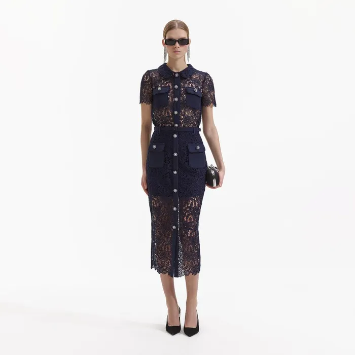 Self Portrait Bottoms Navy Guipure Lace Midi Skirt 8211 Women