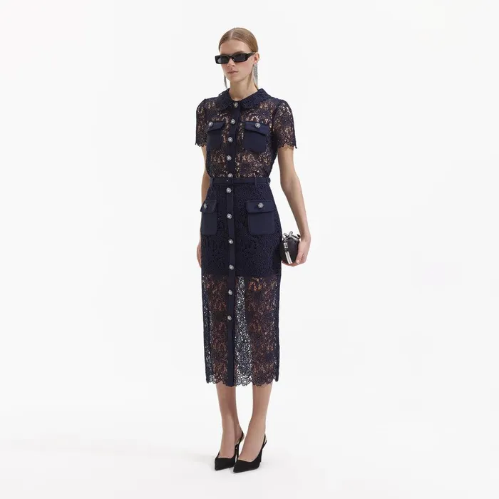 Self Portrait Bottoms Navy Guipure Lace Midi Skirt 8211 Women