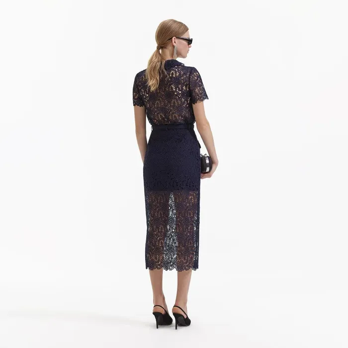 Self Portrait Bottoms Navy Guipure Lace Midi Skirt 8211 Women