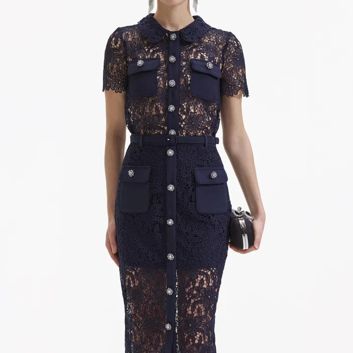 Self Portrait Bottoms Navy Guipure Lace Midi Skirt 8211 Women