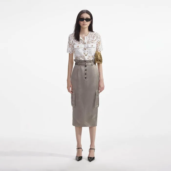 Self Portrait Bottoms Satin Cargo Midi Skirt 8211 Women