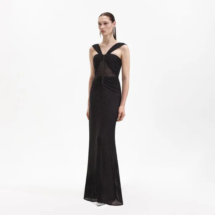 Self Portrait Dresses Black Beaded Mesh Maxi Dress 8211 Women
