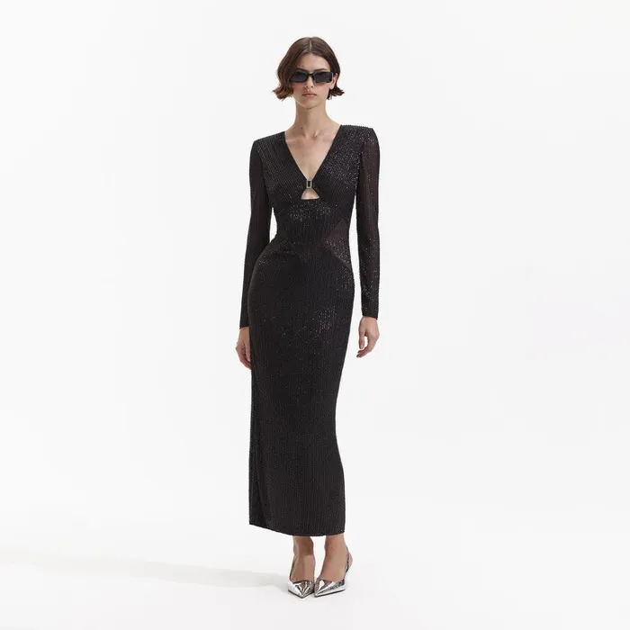 Self Portrait Dresses Black Beaded Mesh Midi Dress 8211 Women