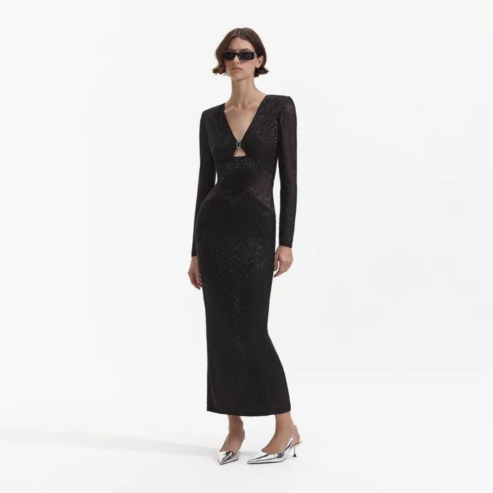 Self Portrait Dresses Black Beaded Mesh Midi Dress 8211 Women