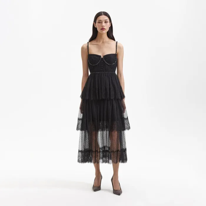 Self Portrait Dresses Black Dot Mesh Tier Midi Dress 8211 Women
