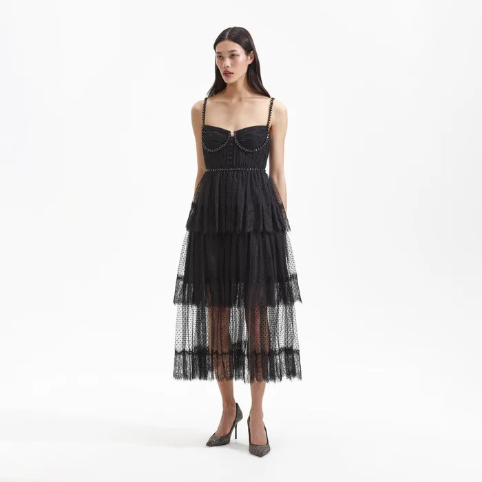 Self Portrait Dresses Black Dot Mesh Tier Midi Dress 8211 Women
