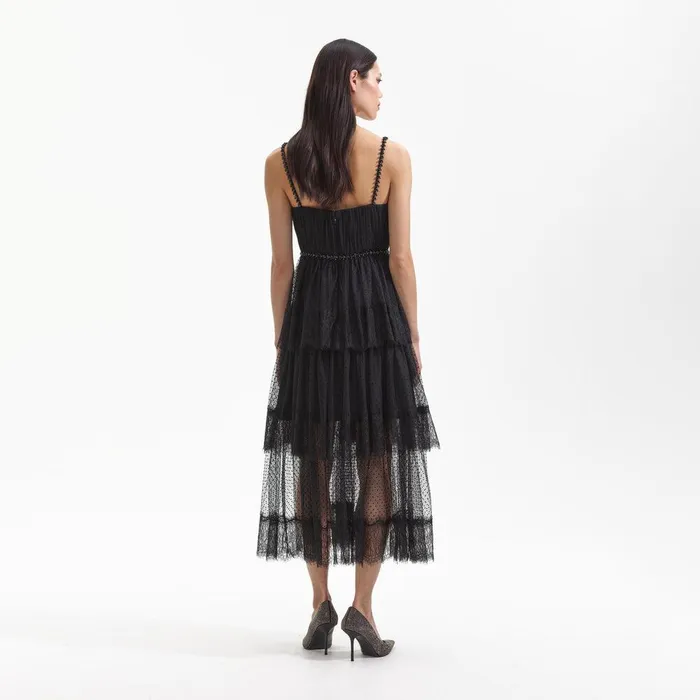Self Portrait Dresses Black Dot Mesh Tier Midi Dress 8211 Women