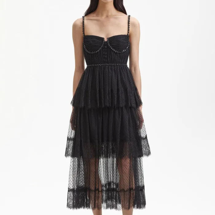 Self Portrait Dresses Black Dot Mesh Tier Midi Dress 8211 Women