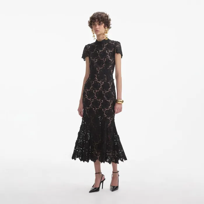 Self Portrait Dresses Black Flower Lace Midi Dress 8211 Women