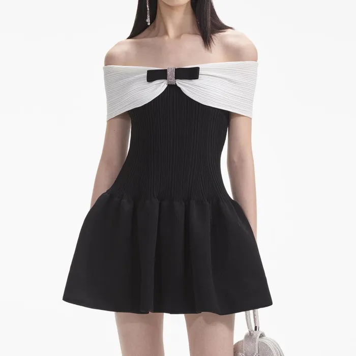 Self Portrait Dresses Black Knit Bow Mini Dress 8211 Women