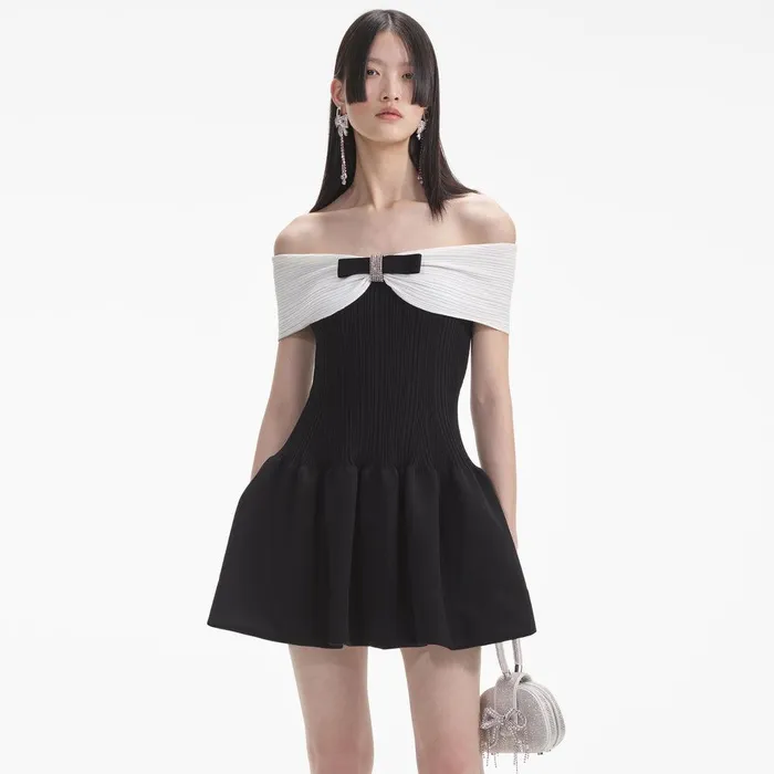 Self Portrait Dresses Black Knit Bow Mini Dress 8211 Women