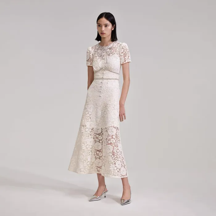 Self Portrait Dresses Cream Cord Lace Bow Midi Dress 8211 Women