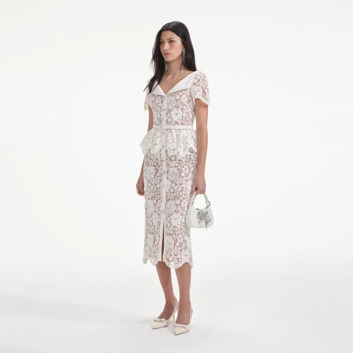 Self Portrait Dresses Cream Lace Peplum Midi Dress 8211 Women